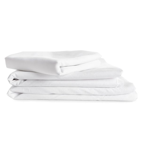 Set with stacks of clean bed linen on white background. Banner d Set with stacks of clean bed linen on white background. Banner d