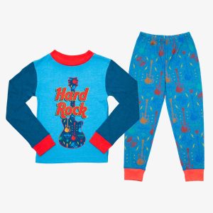 Cozy Holiday Youth Pajama Set in Blue Guitars Print