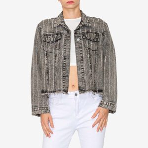 Rhinestone Denim Jacket in Black Acid Wash